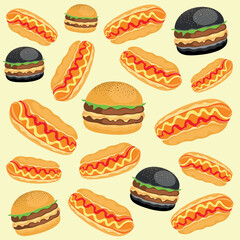 Great and unforgettable taste will give a burger and a hot dog, hot-dog, burger, live tasty, food, cutlet, sausage, contour, vector, illustration, pattern, colored