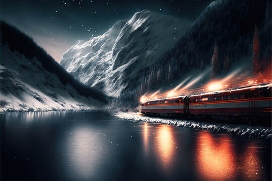 a train traveling through a mountain range next to a lake at night with lights on the train tracks and a mountain range in the background., generative ai