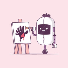 Robot painting on a easel. Artificial inteligence art concept. Vector cartoon illustration