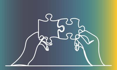 hands holding puzzle , sketch continuous line drawing, vector