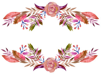 Peach rose pink watercolor floral frame for wedding invitations, cards, 500 dpi PNG illustration with transparent background, beautiful violet purple flue border frame
