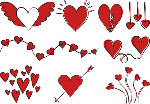 red hearts set doodle sketch ,outline on white background isolated vector