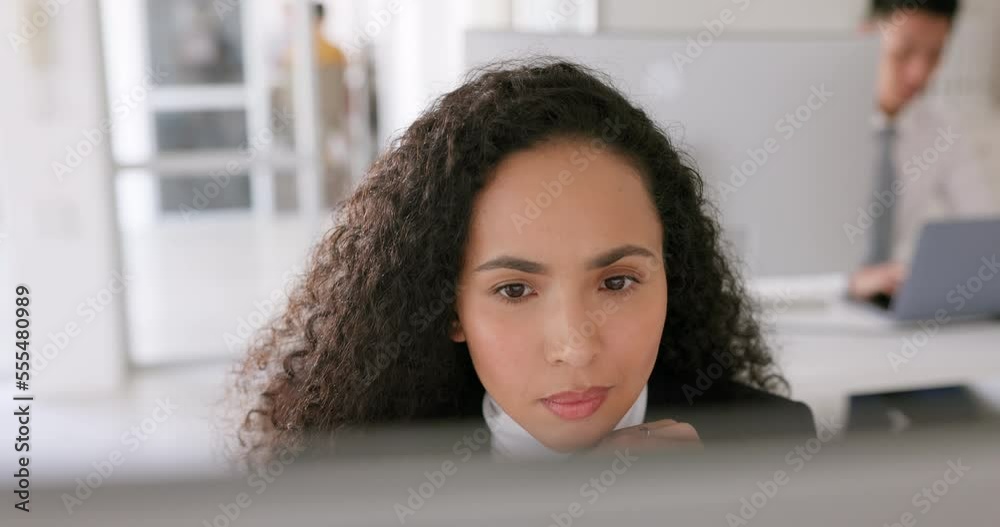 Poster Search, computer and face of business woman in office for web design, analytics and planning. Digital marketing, technology and internet with employee in startup for idea, advertising and email