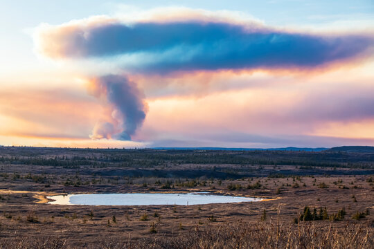 A plume of smoke from the Oregon Lakes wildfire rises high into the sky near Delta Junction in 2019; Alaska, United States of America
