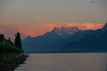 Golden hour over Lake Geneva in Montreux, Switzerland.