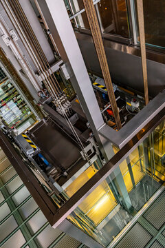 Inner workings of a glass elevator; Lucerne, Lucerne, Switzerland