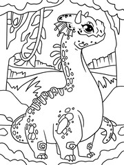 Funny game dragon. Background forest tropics. Children coloring book. Vector.