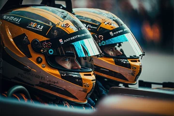 Fotobehang  two drivers in helmets sitting in a race car in a pit lane. generative ai © Oleg