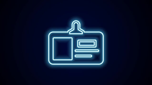 Glowing neon line Identification badge icon isolated on black background. It can be used for presentation, identity of the company, advertising. 4K Video motion graphic animation