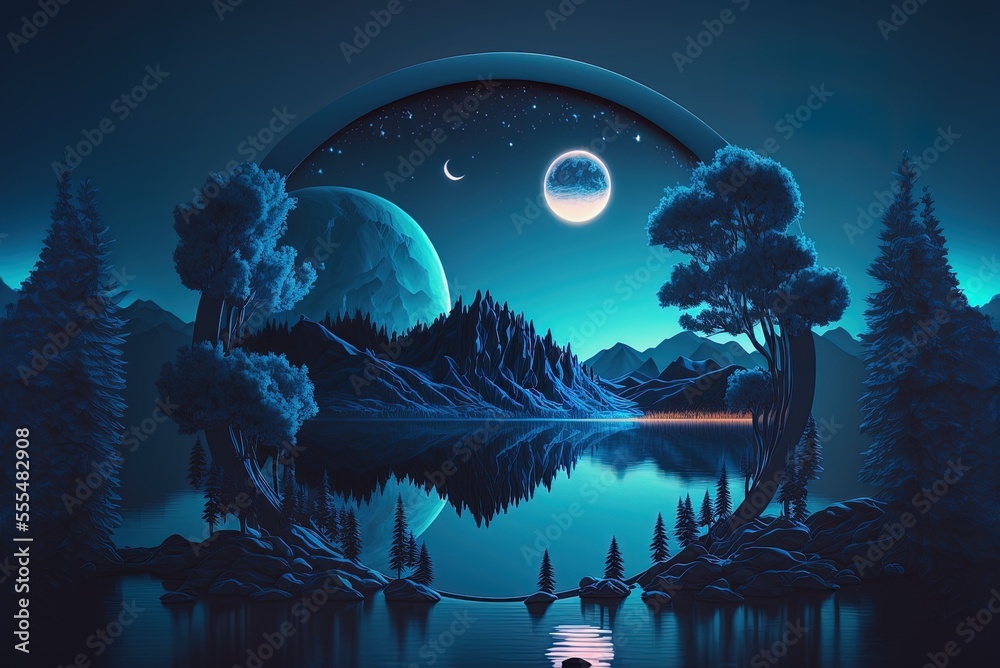 Wall mural Nighttime forest and mountains in the far future, illuminated by the moon and a brilliant abstract scene. Scene from nature at night, with blue neon light reflecting off the water. Generative AI - Wall murals