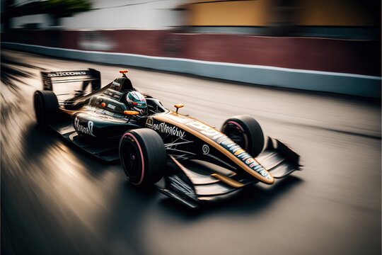  A Man Driving A Racing Car Down A Street Next To A Building With A Clock On It's Side.