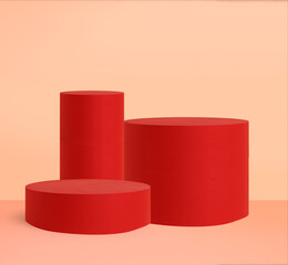 Red pedestals and risers on beige background. Product mockup setup with circular risers.