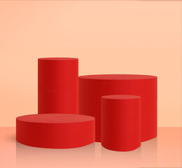 Red pedestals and risers on beige background. Product mockup setup with circular risers.