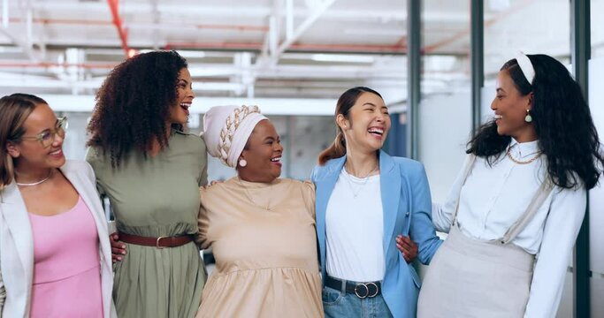 Diversity, women and work friends hug, smile and team building for startup company, laugh and talking. Multiracial, business and female coworkers embrace, marketing campaign in advertising