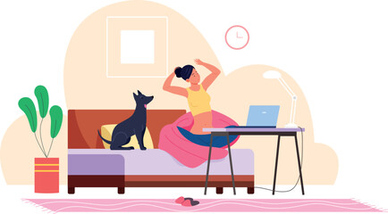 Woman stretching on sofa. Home exercise after computer work