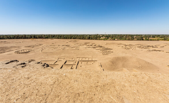 Aerial view of the ancient city of Kerma, dating to 2400 BCE, viewed from the top of the Western Deffufa mudbrick temple; Kerma, Northern State, Sudan