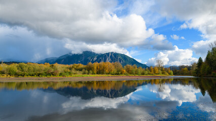 Borst Lake Mill Pond in Snoqualmie with reflection of Mount Si and fall color