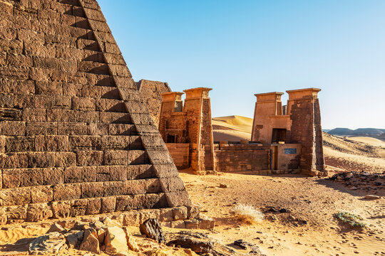 Pyramids in the Northern Cemetery at Begarawiyah, containing 41 royal pyramids of the monarchs who ruled the Kingdom of Kush between 250 BCE and 320 CE; Meroe, Northern State, Sudan
