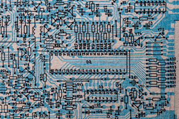 Obraz premium Old radio circuit printed on vintage paper electricity diagram as background for education, electricity industries and repair. Electric radio scheme from USSR