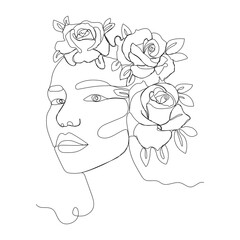 Line Art Woman Face with Flowers Continuous One Line Drawing. Female Art Print Line Drawing. Woman Face Modern Print. Minimalist Female Contour Art Design. Salon Logo. Natural Cosmetics symbol