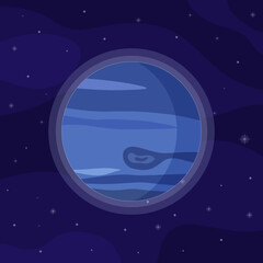Colorful planet. Neptune and stars on a blue background. Neptune icon. Vector illustration in cartoon style.