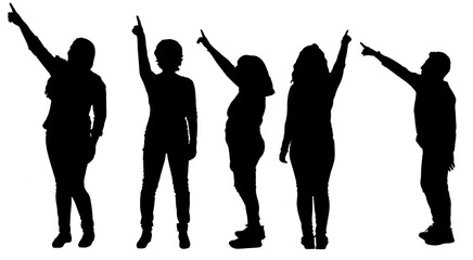 silhouette of a  group of women pointing on white background
