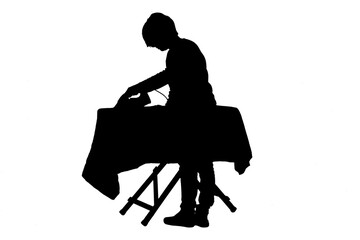 rear view of a woman ironing on white background