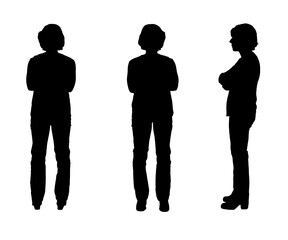 woman with jeans and arms crossed, front,sideways and back on white background