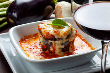 Eggplant lasagna with tomato sauce and mozzarella