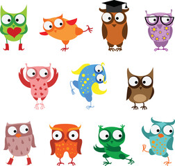 Vector illustrations set of cute different birds in the simple style