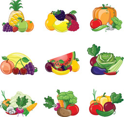 Set of fruits and vegetables. Fresh food, healthy eating concept. Vector illustration