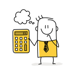 Stick figure holding calculator thinking, rejoicing.