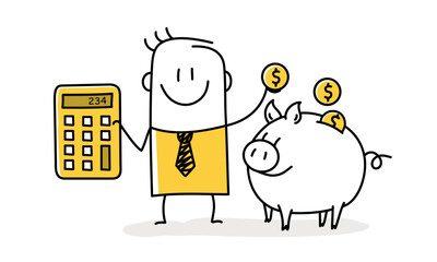 Stickman with calculator holding money into piggy bank.