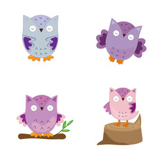 Set of cute cartoon owls on the white background. Owl on a branch, owl on a stump, owl flying.