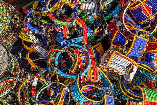 Beaded jewelry in many bright colours; Arusha, Arusha region, Tanzania