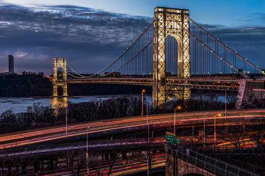 George Washington Bridge at twilight, lit specialty for Martin Luther King Jr. Day (MLK Day); New York City, New York, USA