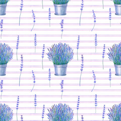 seamless pattern of watercolor images of lavender buckets, lavender branches and purple stripes
