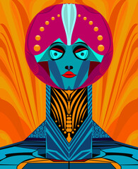 A mechanical android in violet-blue tones against a background of orange stripes