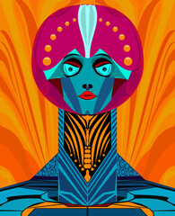 A mechanical android in violet-blue tones against a background of orange stripes