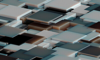 Abstract digital wallpaper design of dark cubes on a plane with intersecting geometry . Subsurface scattering . 3d render. Three dimensional. Beautiful office illustration of mosaic tiles