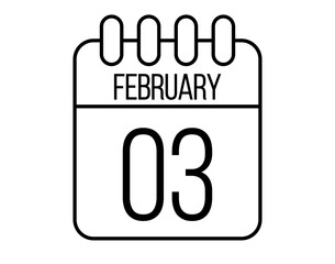 3 February day icon. Black February calendar page vector on isolated white background