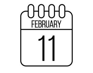 11 February day icon. Black February calendar page vector on isolated white background