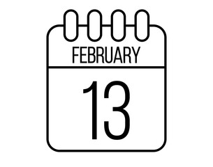 13 February day icon. Black February calendar page vector on isolated white background