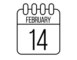 14 February day icon. Black February calendar page vector on isolated white background
