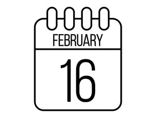16 February day icon. Black February calendar page vector on isolated white background