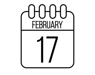 17 February day icon. Black February calendar page vector on isolated white background