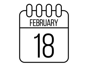 18 February day icon. Black February calendar page vector on isolated white background