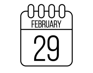 29 February day icon. Black February calendar page vector on isolated white background