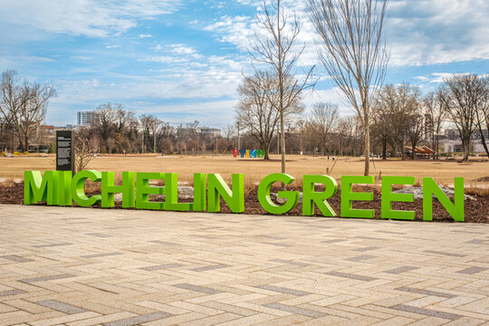 The Michelin Green Sign in Unity Park, Greenville, South Carolina on December 19, 2022.