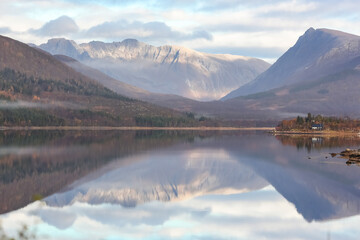 Naklejka premium Astonishing scenic view of mountain peaks and reflection in water on Lofoten islands in Norway, Scandinavia, Europe. 